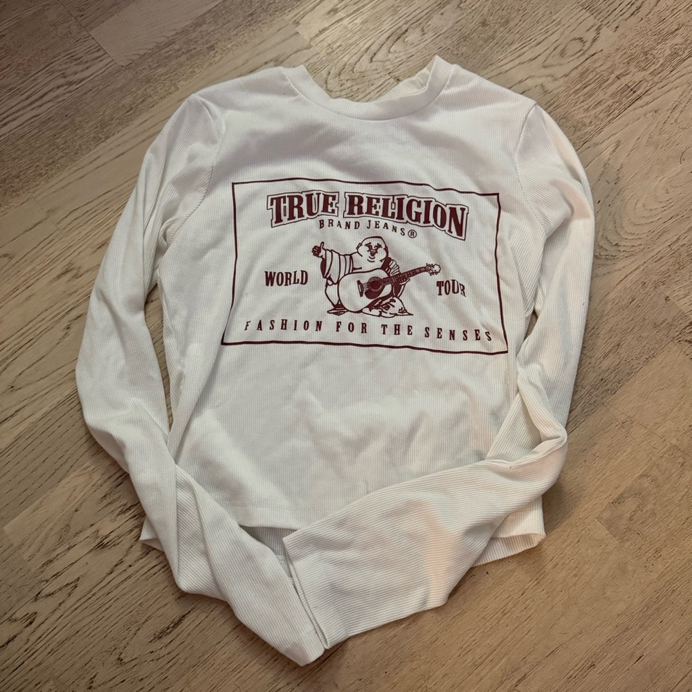 True Religion Cream Long Sleeve Tee with Maroon Print